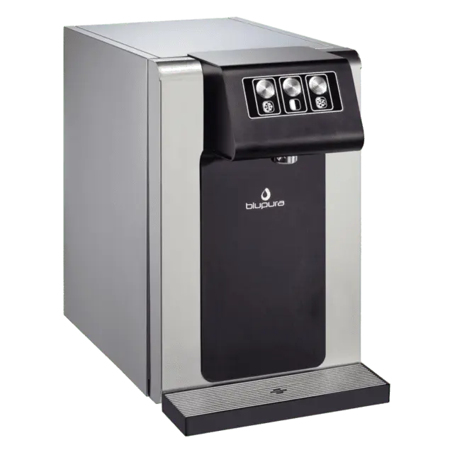 A right-front view of Cullligan Water's Blusoda bottle-free water cooler